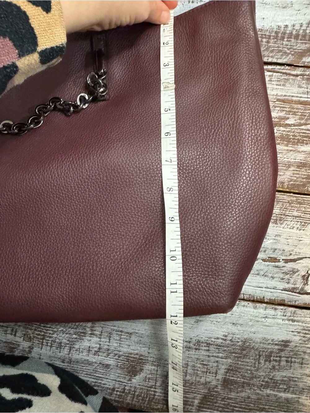 Calvin Klein Burgundy Leather Tote with Chain Accent